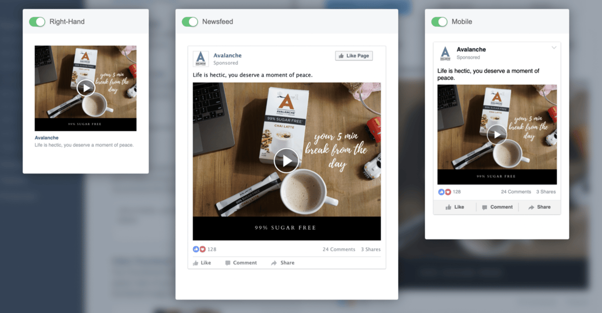 Facebook Video Ad mock up for Avalanche advertising campaign